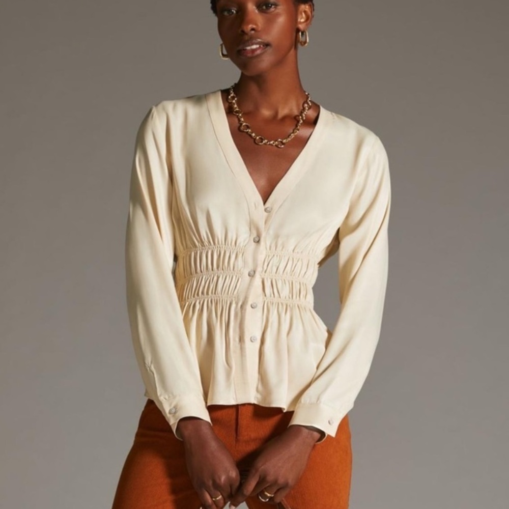 Anthropologie Smocked Satin Blouse Sz XS